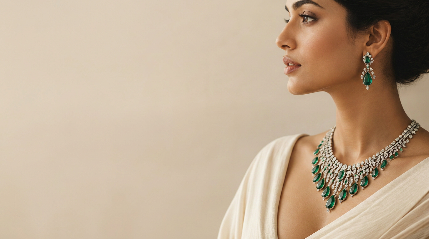 Model wearing emerald and diamond fine jewellery by Zorious & Co.